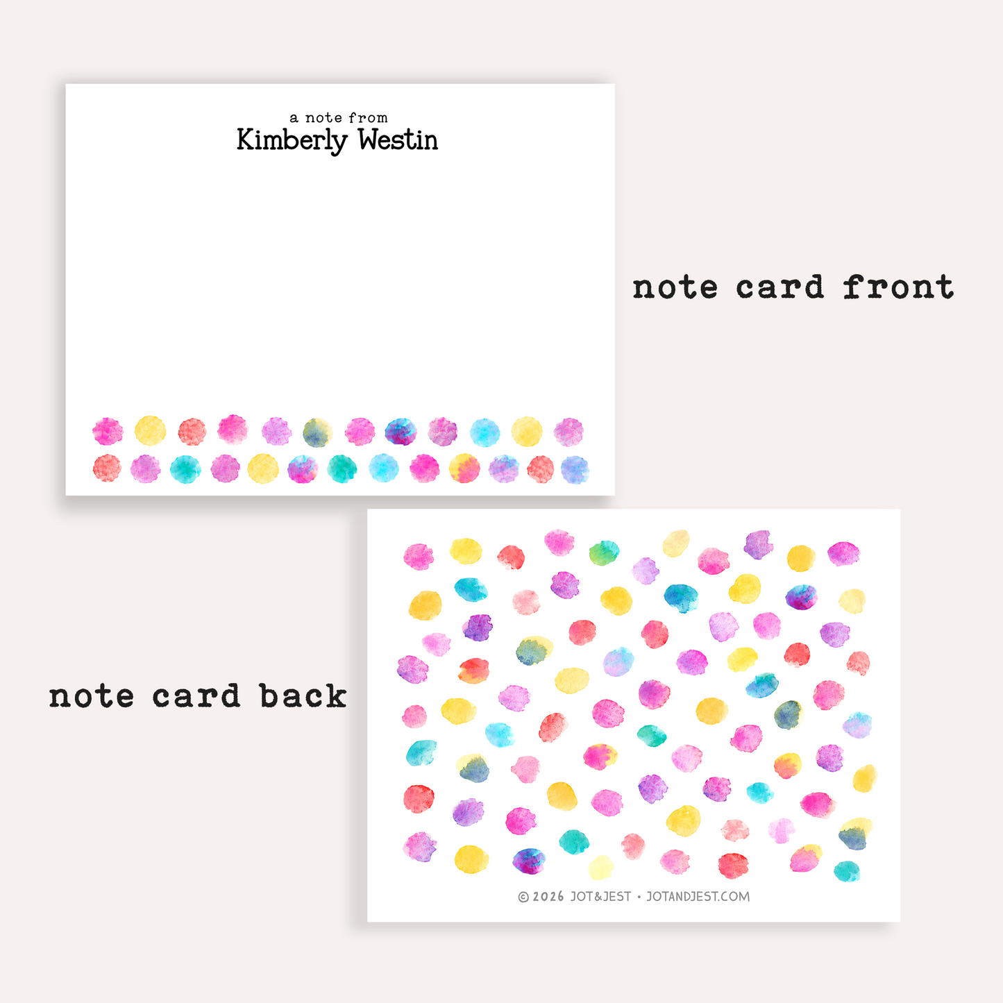 Personalized Watercolor Polka Dot Stationery • Colorful Dot Notecard Set • Custom Name Note Cards • Thank You Cards • Set of 12