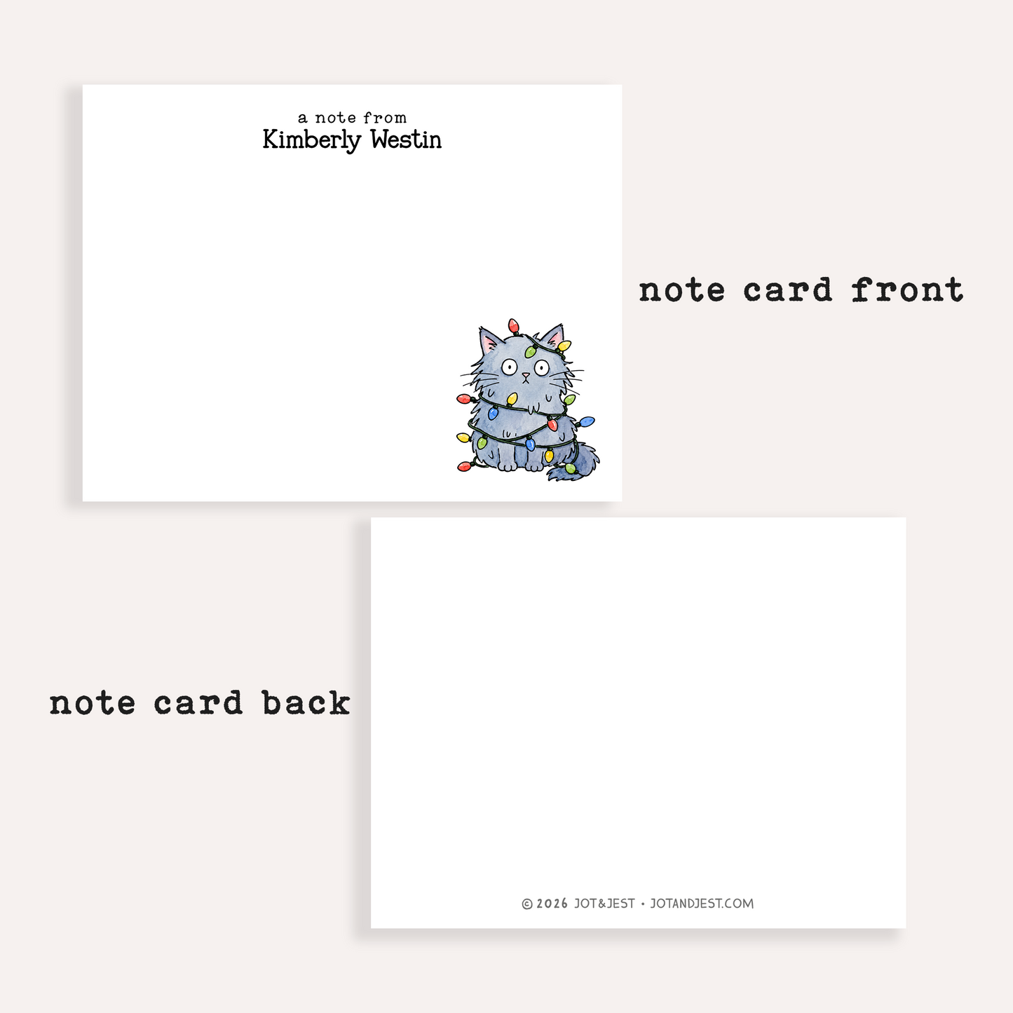 Personalized Christmas Light Cat Stationery Set • Custom Name Flat Notecards • Christmas Cat Thank You Cards • Holiday Cat Gift • Set of 12