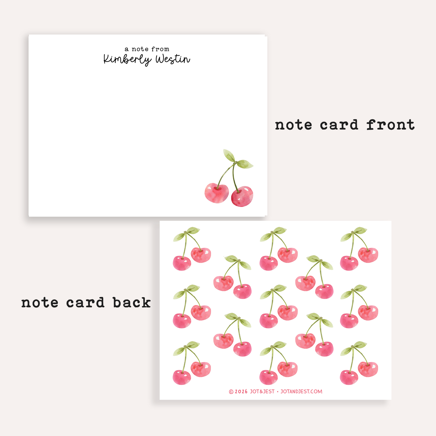 Personalized Cherry Stationery Set • Custom Name Flat Notecards • Cute Cherry Thank You Cards • Custom Stationery Gift • Set of 12