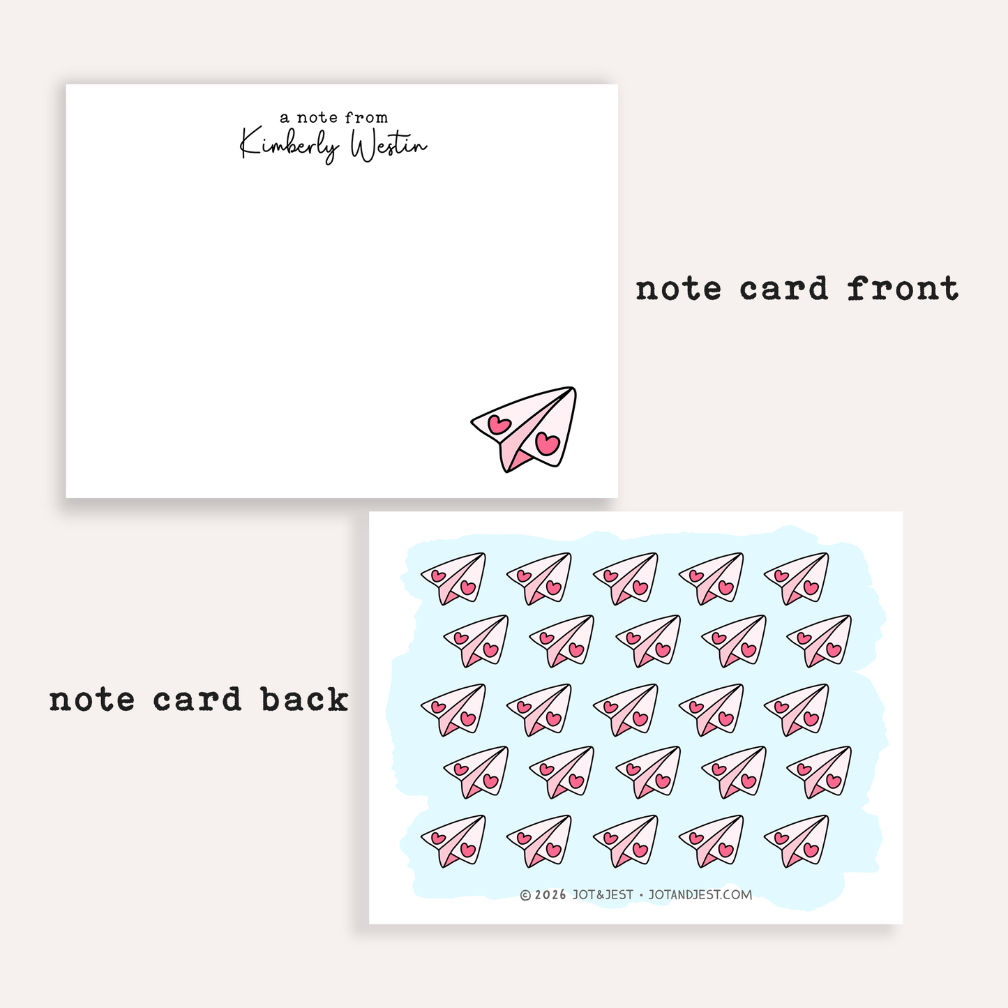 Pink Heart Paper Airplane Stationery Set • Cute Flat Notecards • Pink Thank You Cards • Teacher Gift • Set of 12