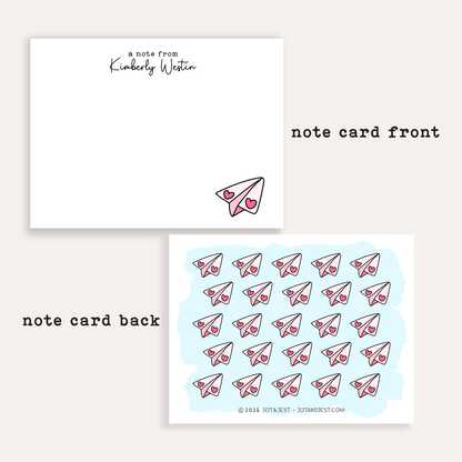 Pink Heart Paper Airplane Stationery Set • Cute Flat Notecards • Pink Thank You Cards • Teacher Gift • Set of 12