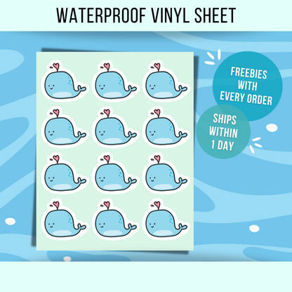 Mini Cute Whale Sticker Sheet • Waterproof Vinyl Whale Stickers • Blue Whale Decals • Whale Lover Gift • Small Ocean Stickers