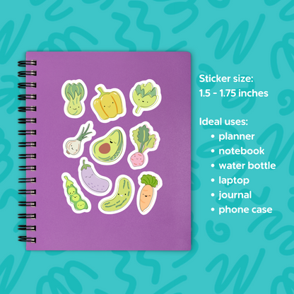 Mini Veggie Sticker Sheet • Cartoon Vegetable Stickers • Cute Food Vinyl Decals • Funny Vegan Stickers • Planner Laptop Water Bottle