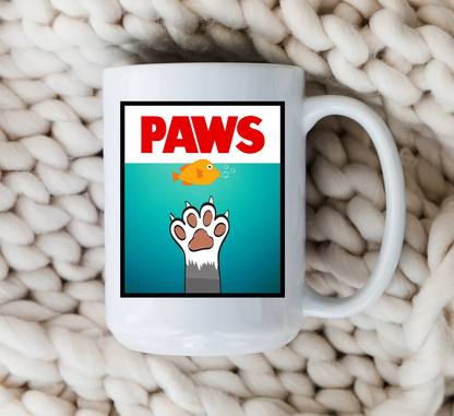 PAWS Mug JAWS Movie Parody Coffee Cup Classic 80s Movie Shark Gift Funny Cat Cartoon