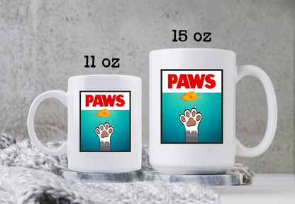 PAWS Mug JAWS Movie Parody Coffee Cup Classic 80s Movie Shark Gift Funny Cat Cartoon
