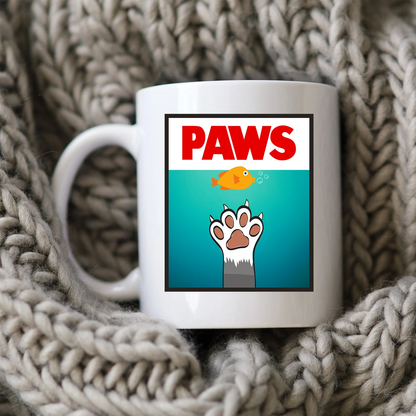 PAWS Mug JAWS Movie Parody Coffee Cup Classic 80s Movie Shark Gift Funny Cat Cartoon