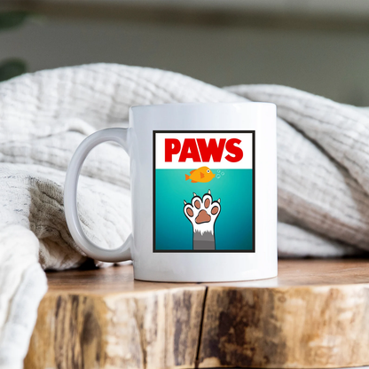 PAWS Mug JAWS Movie Parody Coffee Cup Classic 80s Movie Shark Gift Funny Cat Cartoon