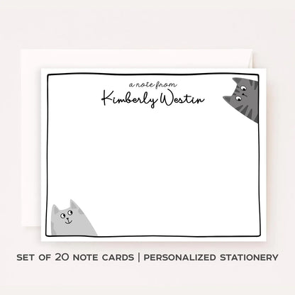 Personalized Gray Cat Stationery Set • Custom Name Flat Notecards • Cute Cat Thank You Cards • Cat Lover Gift • Set of 12