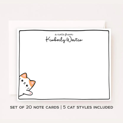 Personalized Cat Stationery Set • Custom Name Flat Notecards • Cute Cat Note Cards • Teacher Stationery Gift • Set of 12
