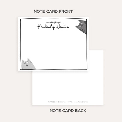 Personalized Gray Cat Stationery Set • Custom Name Flat Notecards • Cute Cat Thank You Cards • Cat Lover Gift • Set of 12