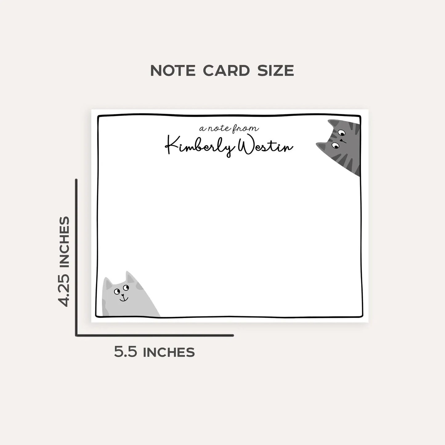 Personalized Gray Cat Stationery Set • Custom Name Flat Notecards • Cute Cat Thank You Cards • Cat Lover Gift • Set of 12