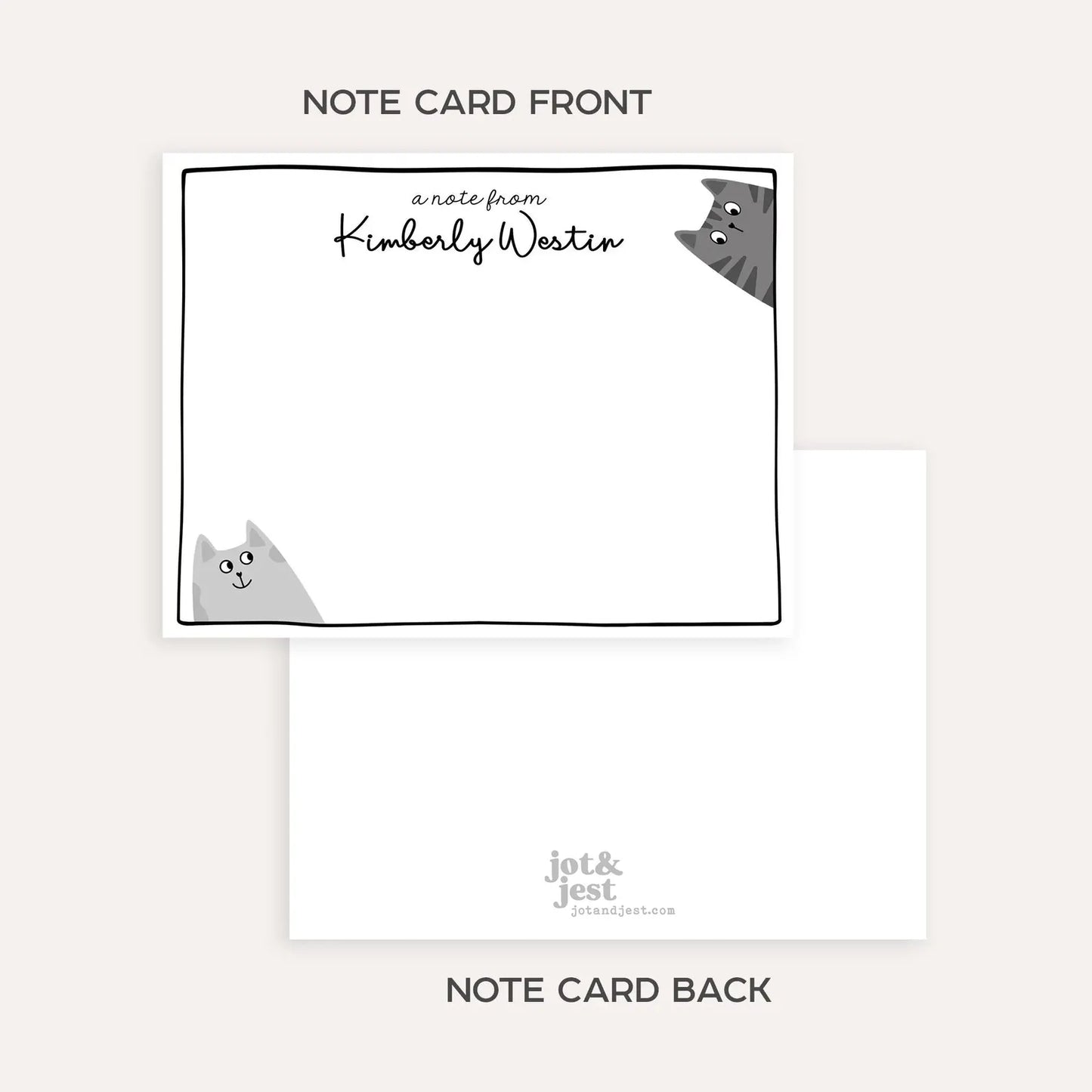 Personalized Gray Cat Stationery Set • Custom Name Flat Notecards • Cute Cat Thank You Cards • Cat Lover Gift • Set of 12
