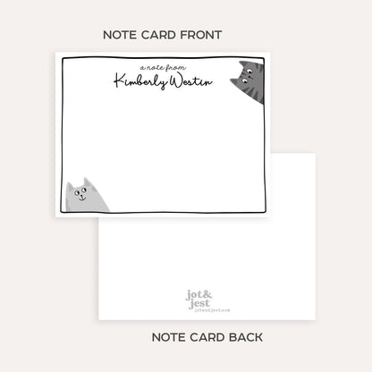 Personalized Gray Cat Stationery Set • Custom Name Flat Notecards • Cute Cat Thank You Cards • Cat Lover Gift • Set of 12
