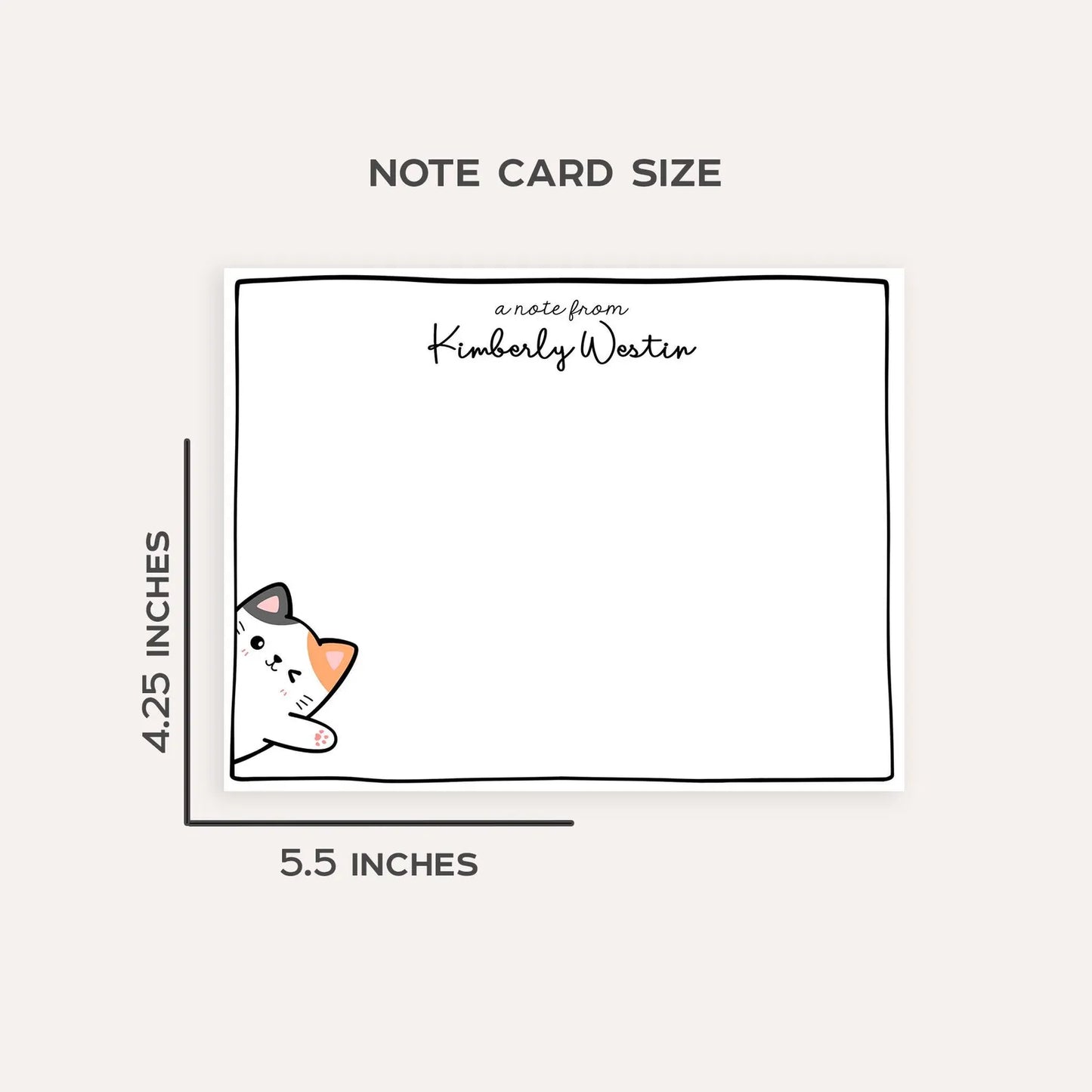 Personalized Waving Cat Stationery Set • Custom Name Flat Notecards • Cute Cat Note Cards • Teacher Stationery Gift • Set of 12