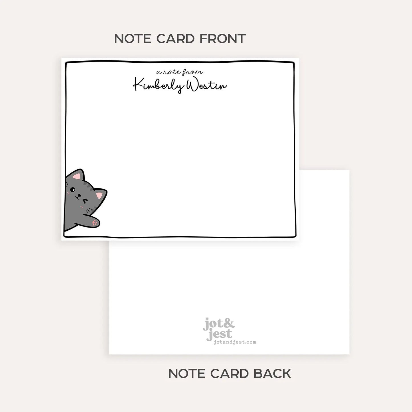 Personalized Waving Cat Stationery Set • Custom Name Flat Notecards • Cute Cat Note Cards • Teacher Stationery Gift • Set of 12