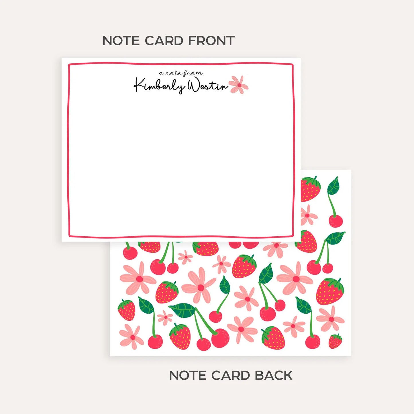 Personalized Cherry Strawberry Stationery Set • Custom Name Flat Notecards • Fruit Thank You Cards • Cute Stationery Gift • Set of 12