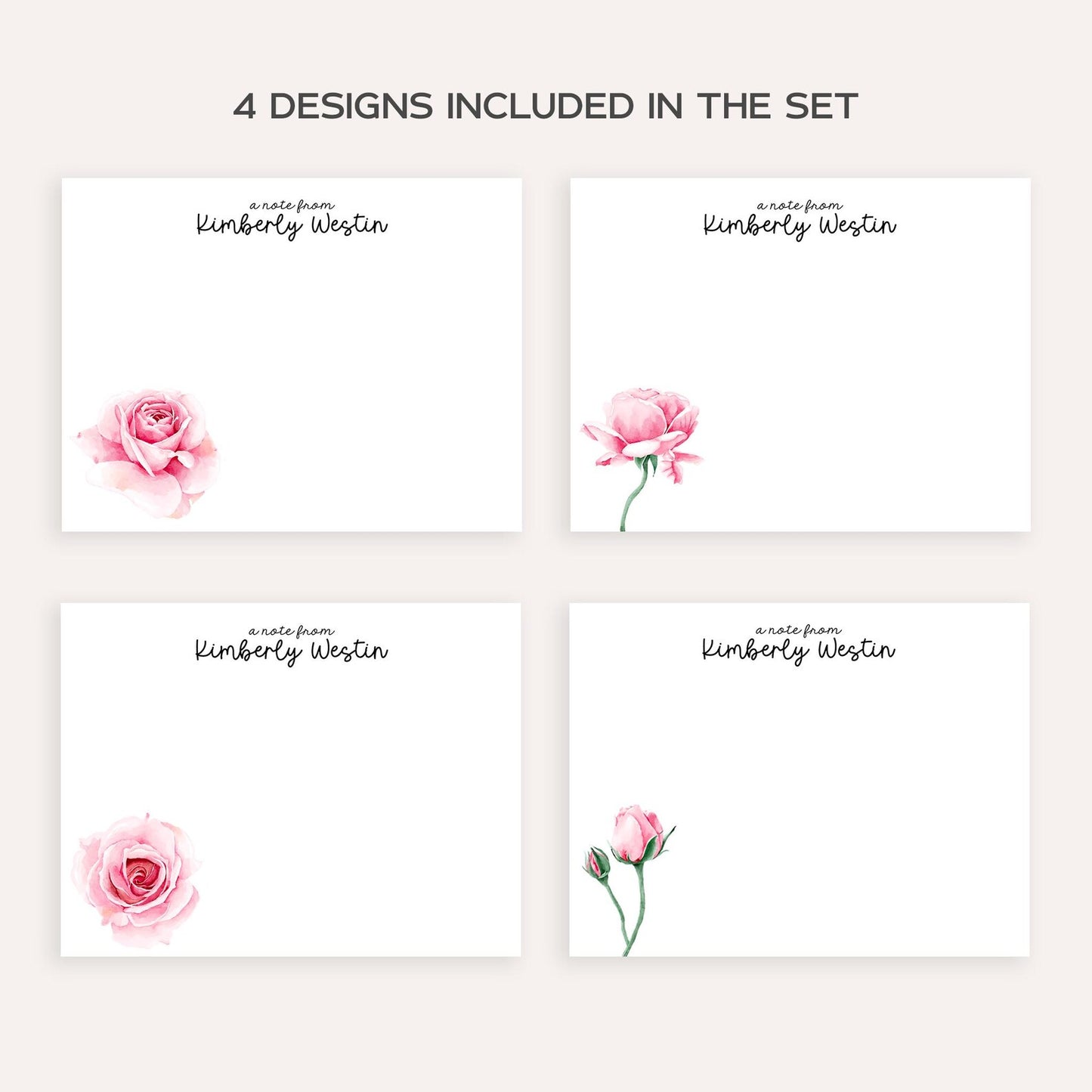 Personalized Rose Stationery • Pink Floral Notecard Set • Custom Name Note Cards • Thank You Cards • Pink Roses Stationery Set of 12