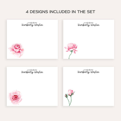 Personalized Rose Stationery • Pink Floral Notecard Set • Custom Name Note Cards • Thank You Cards • Pink Roses Stationery Set of 12