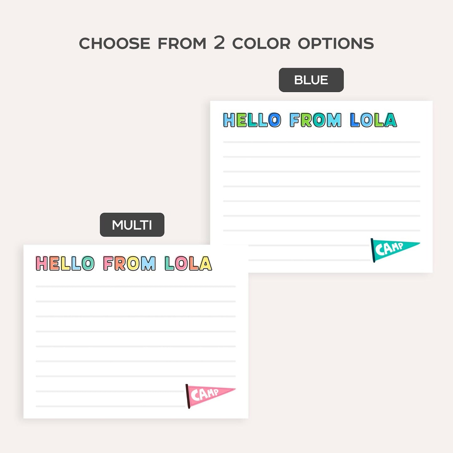 Personalized Kids Camp Stationery Set • Custom Name Flat Notecards • Cute Summer Camp Thank You Cards • Set of 12