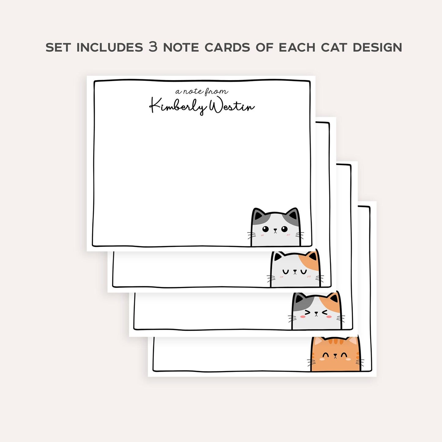 Personalized Cat Stationery Set • Custom Name Flat Notecards • Cute Cat Thank You Cards • Cat Lover Gift • Set of 12