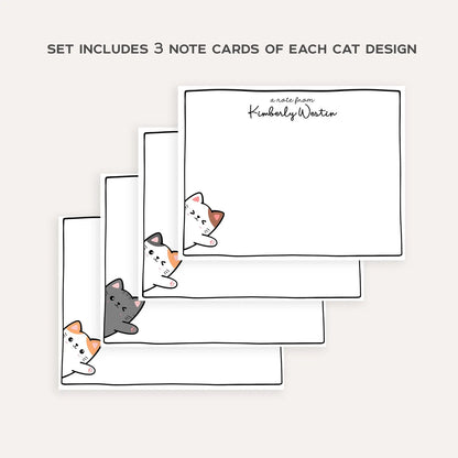 Personalized Waving Cat Stationery Set • Custom Name Flat Notecards • Cute Cat Note Cards • Teacher Stationery Gift • Set of 12