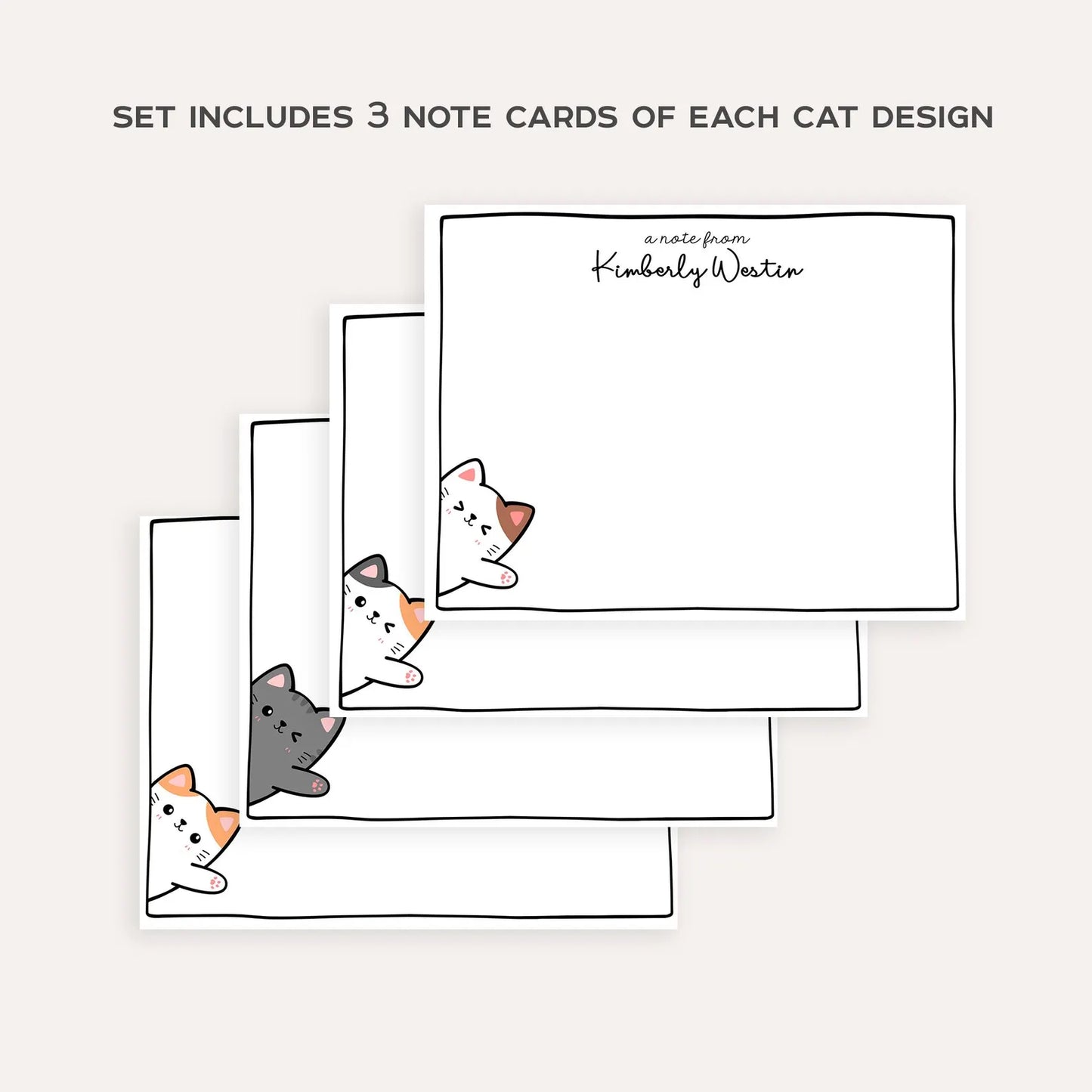 Personalized Cat Stationery Set • Custom Name Flat Notecards • Cute Cat Note Cards • Teacher Stationery Gift • Set of 12