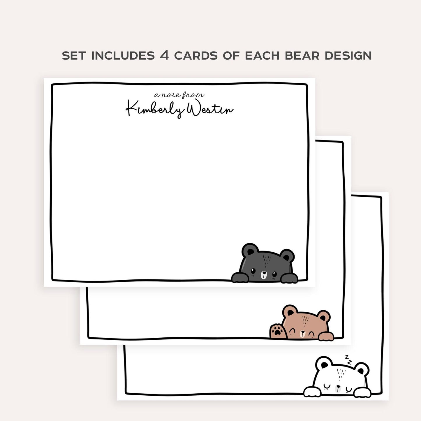 Personalized Teddy Bear Stationery Set • Custom Name Flat Notecards • Cute Bear Thank You Cards • Kids Gift • Set of 12