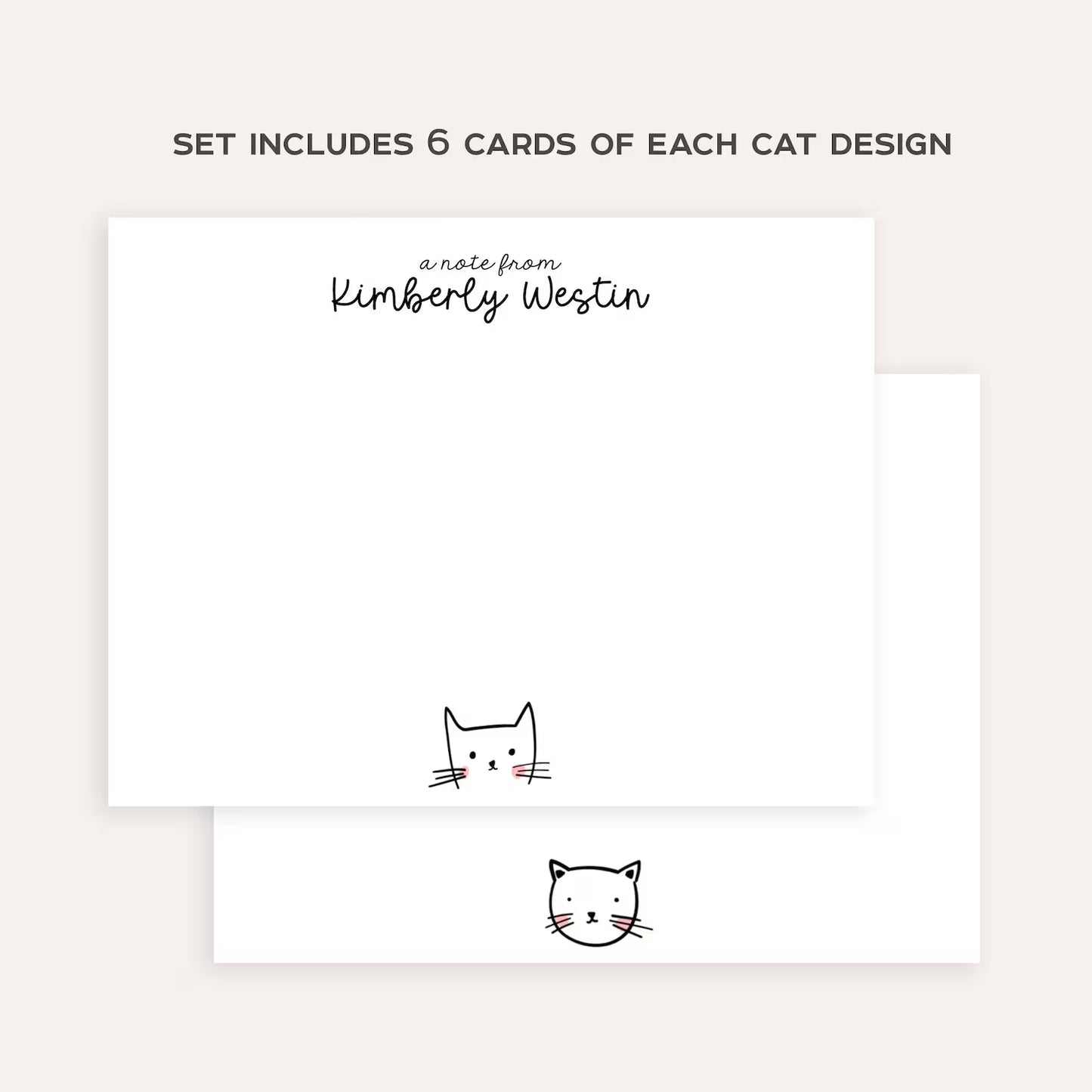 Personalized Cute Cat Stationery Set • Custom Name Flat Notecards • Cat Thank You Cards • Cat Lover Gift • Set of 12