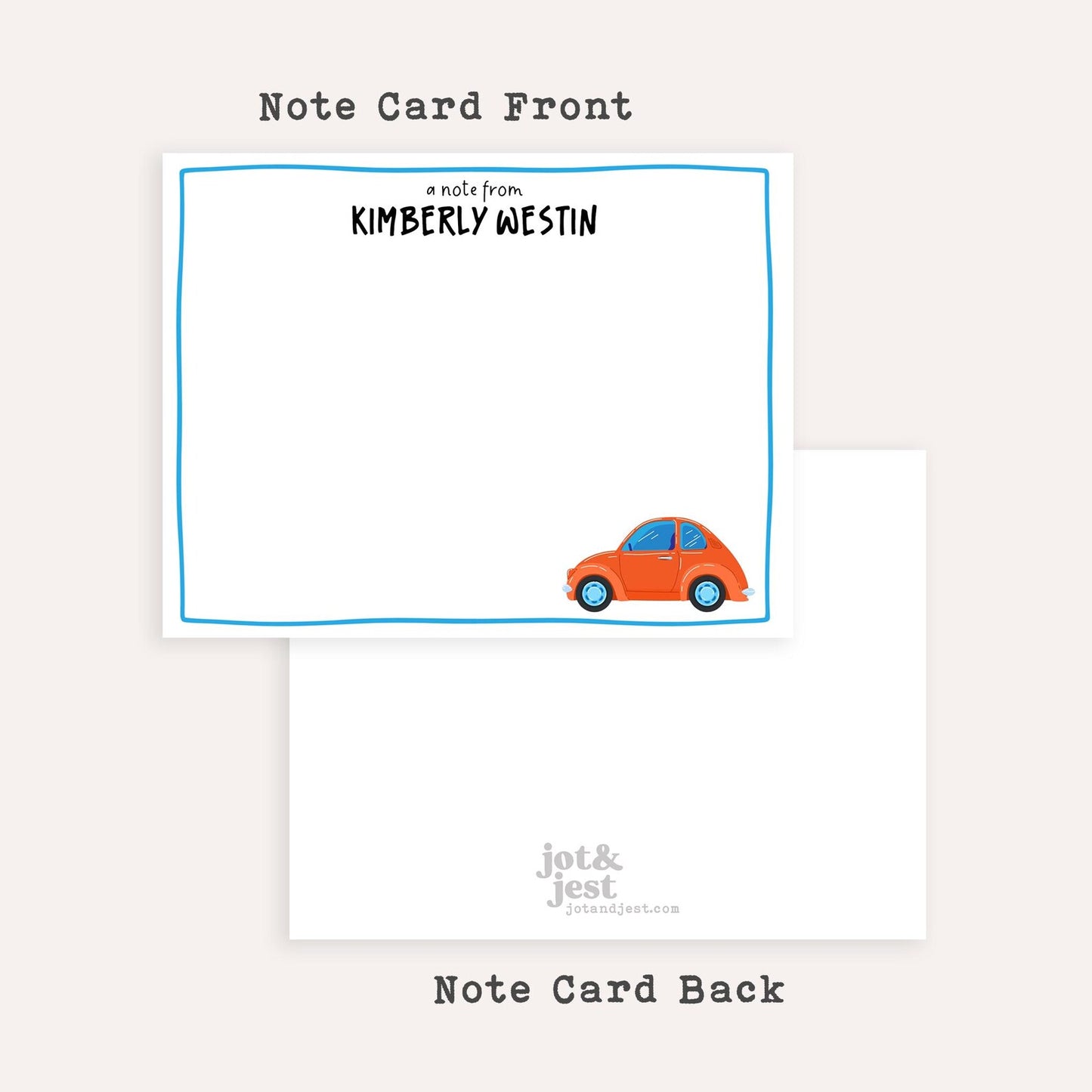 Personalized VW Beetle Stationery Set • Custom Name Flat Notecards • Cute Car Thank You Cards • Vintage Car Lover Gift • Set of 12