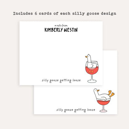 Personalized Silly Goose Stationery Set • Funny Wine Goose Notecards • Custom Name Flat Thank You Cards • Cute Cartoon Gift