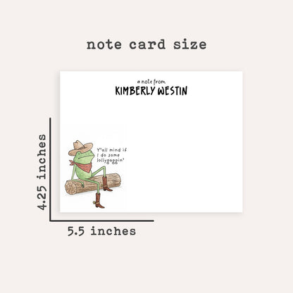 Personalized Western Frog Stationery • Funny Lollygaggin’ Frog Notecards • Custom Name Flat Thank You Cards • Set of 12
