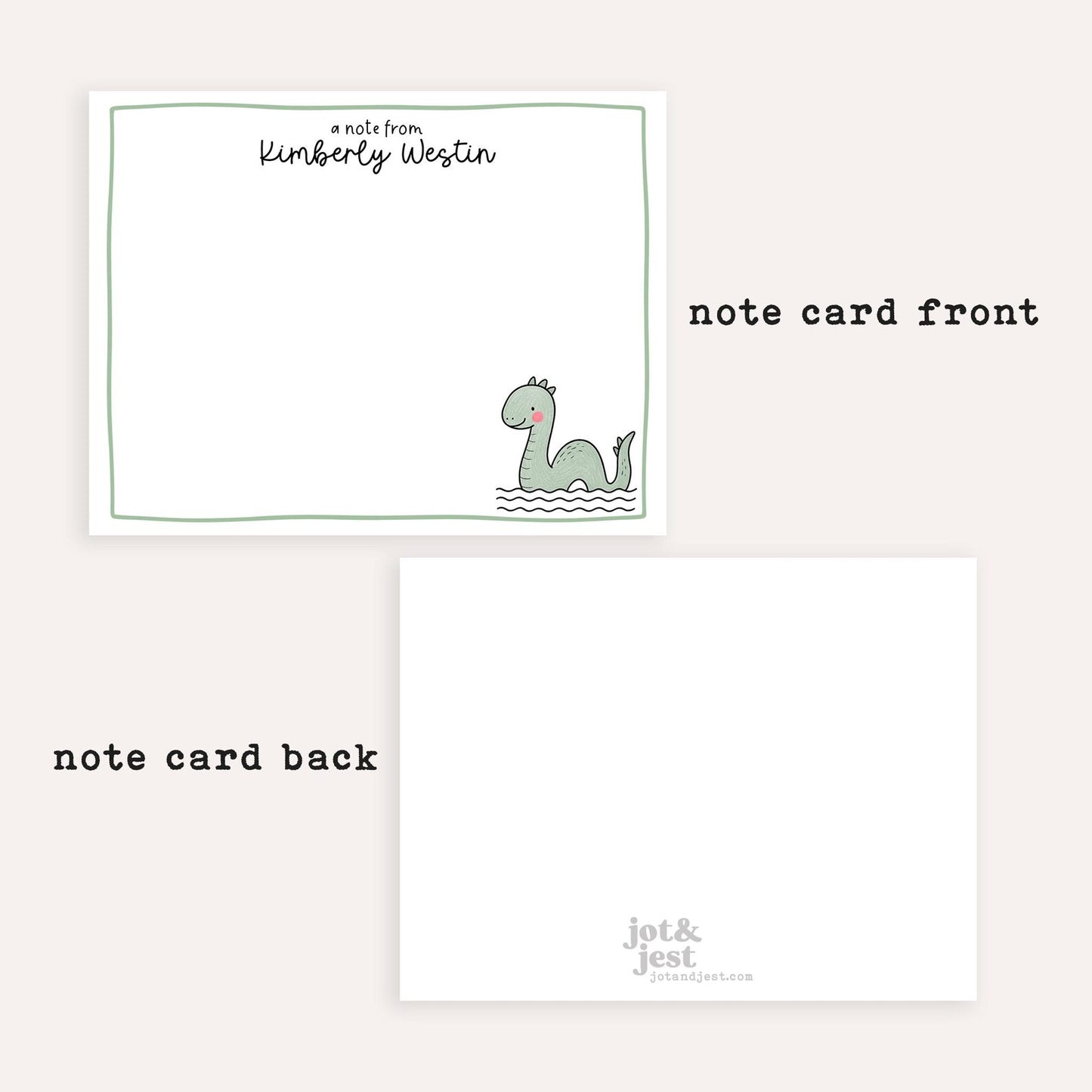 Personalized Loch Ness Notecards • Custom Name Stationery • Cute Nessie Flat Note Cards • Loch Ness Monster Thank You Gift Cartoon Nessie