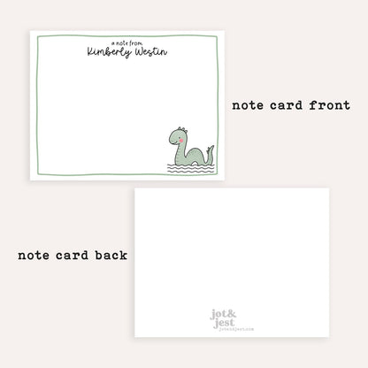 Personalized Loch Ness Notecards • Custom Name Stationery • Cute Nessie Flat Note Cards • Loch Ness Monster Thank You Gift Cartoon Nessie