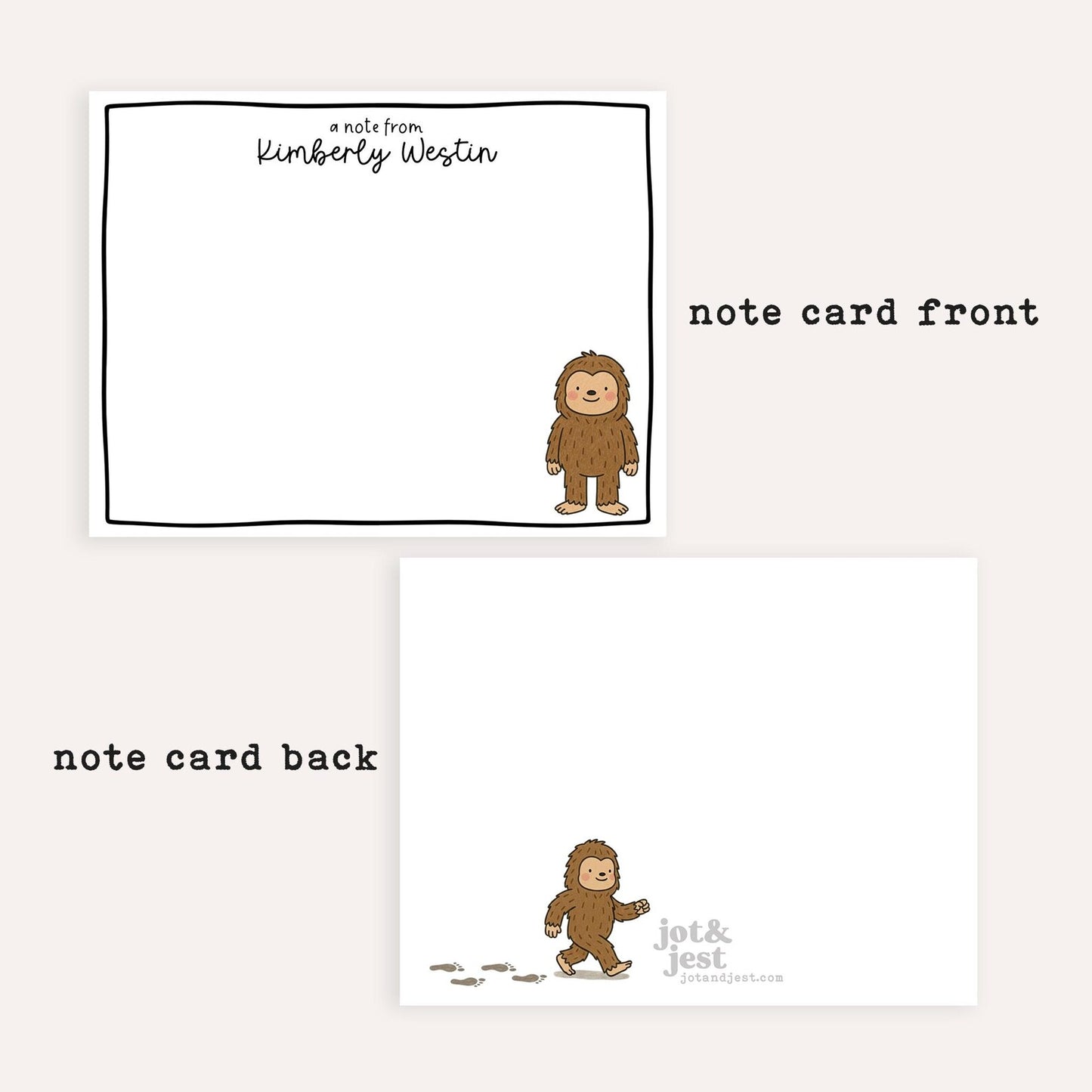 Personalized Bigfoot Notecards • Custom Name Stationery • Cute Sasquatch Flat Note Cards • Bigfoot Thank You Gift • Set of 12
