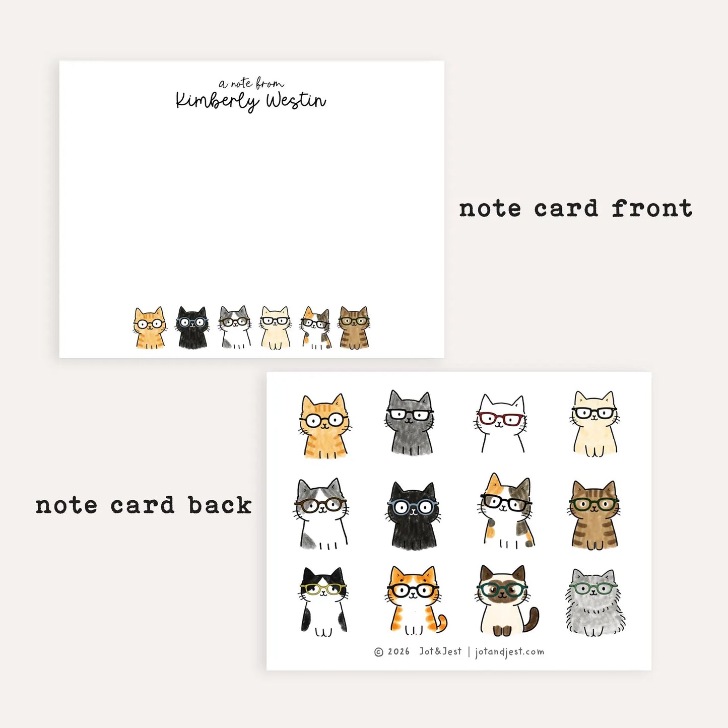 Personalized Cat Glasses Notecards • Cute Cat Stationery • Custom Name Cat Thank You Cards • Set of 12 Flat Note Cards