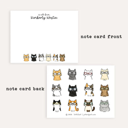 Personalized Cat Glasses Notecards • Cute Cat Stationery • Custom Name Cat Thank You Cards • Set of 12 Flat Note Cards