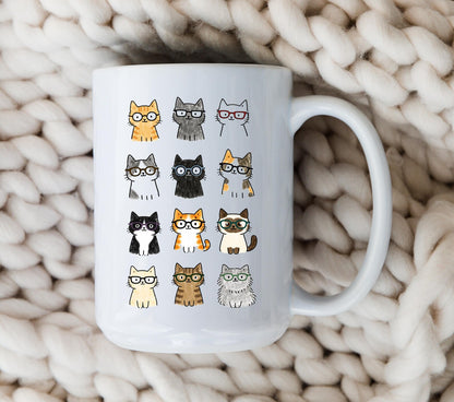 Cat Glasses Mug • Cute Cat Coffee Cup • Funny Cat Lover Gift • Cat Mom Mug • Adorable Cartoon Cat Glasses Cup