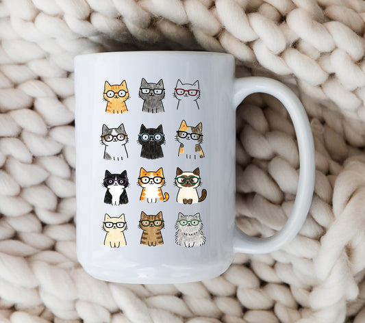 Cat Glasses Mug • Cute Cat Coffee Cup • Funny Cat Lover Gift • Cat Mom Mug • Adorable Cartoon Cat Glasses Cup