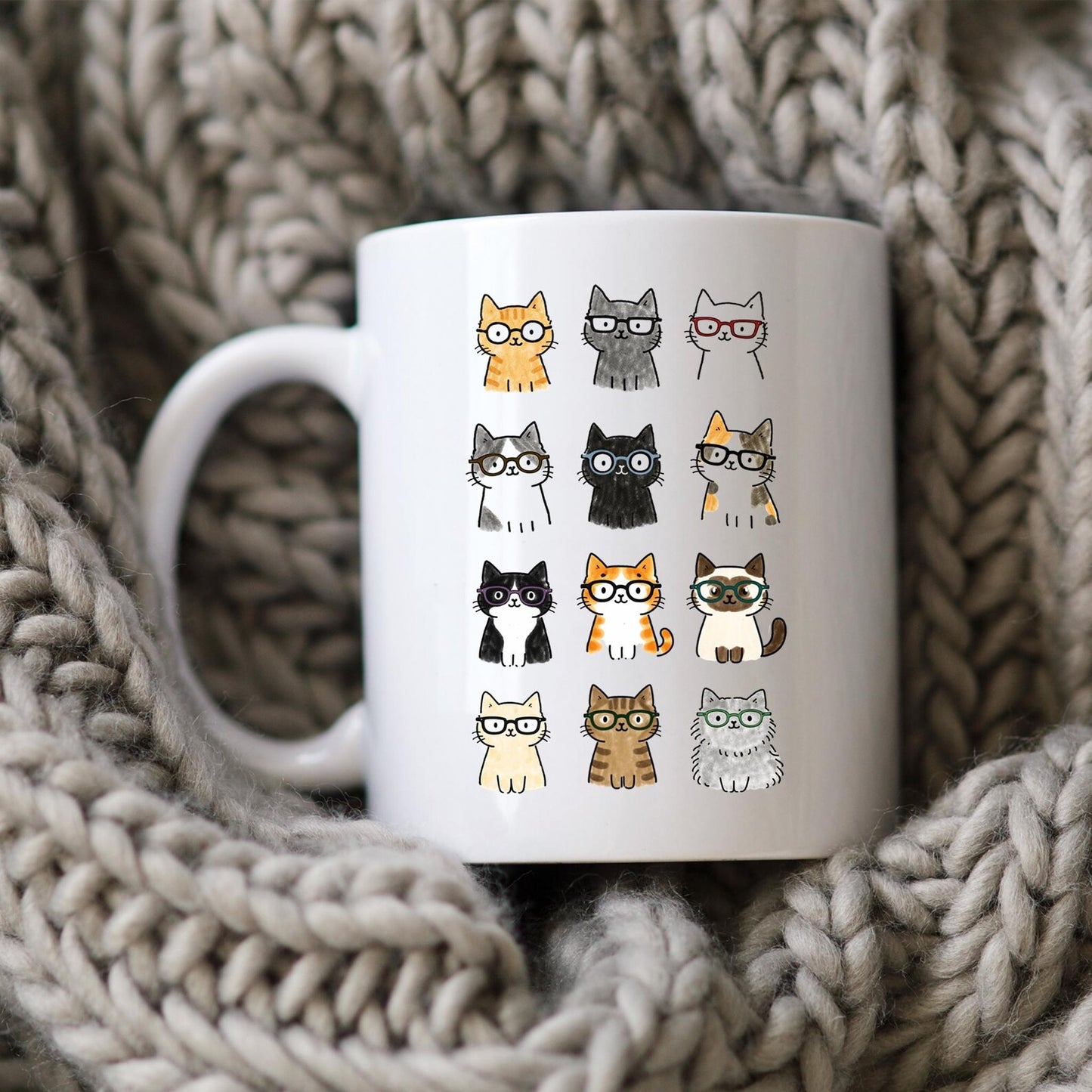 Cat Glasses Mug • Cute Cat Coffee Cup • Funny Cat Lover Gift • Cat Mom Mug • Adorable Cartoon Cat Glasses Cup