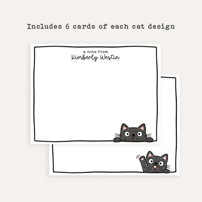 Personalized Black Cat Stationery Set • Custom Name Flat Notecards • Cute Cat Thank You Cards • Cat Lover Gift • Set of 12