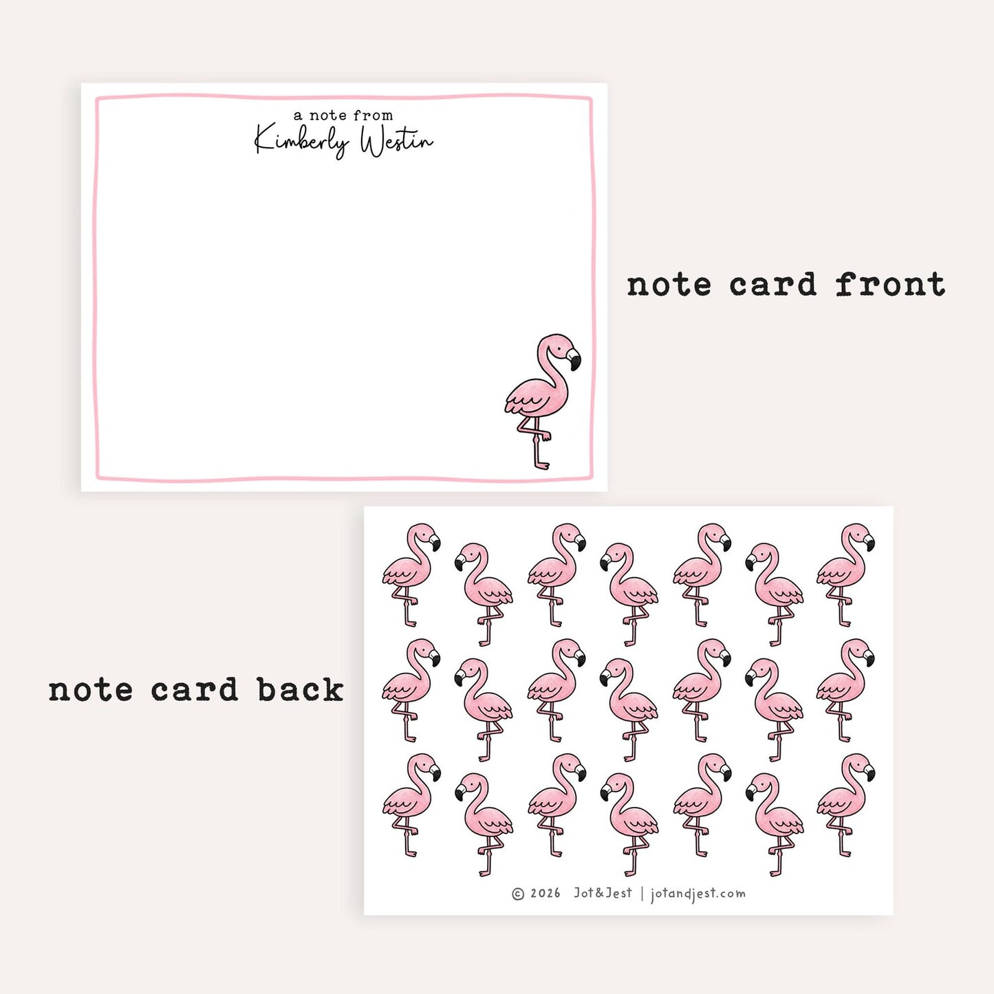 Personalized Pink Flamingo Stationery Set • Custom Name Flat Notecards • Flamingo Thank You Cards • Cute Stationery Gift • Set of 12