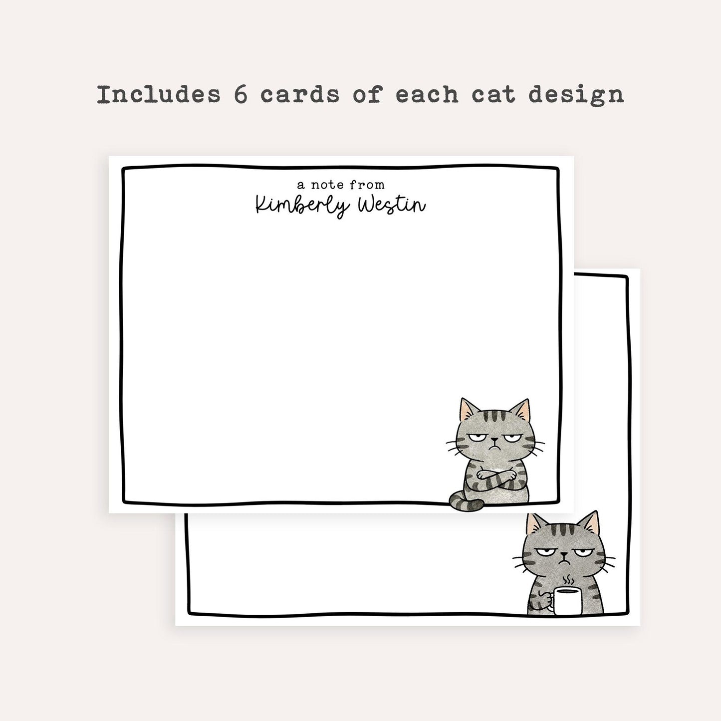 Personalized Grumpy Cat Stationery Set • Custom Name Flat Notecards • Funny Grumpy Cat Thank You Cards • Cat Lover Gift • Set of 12