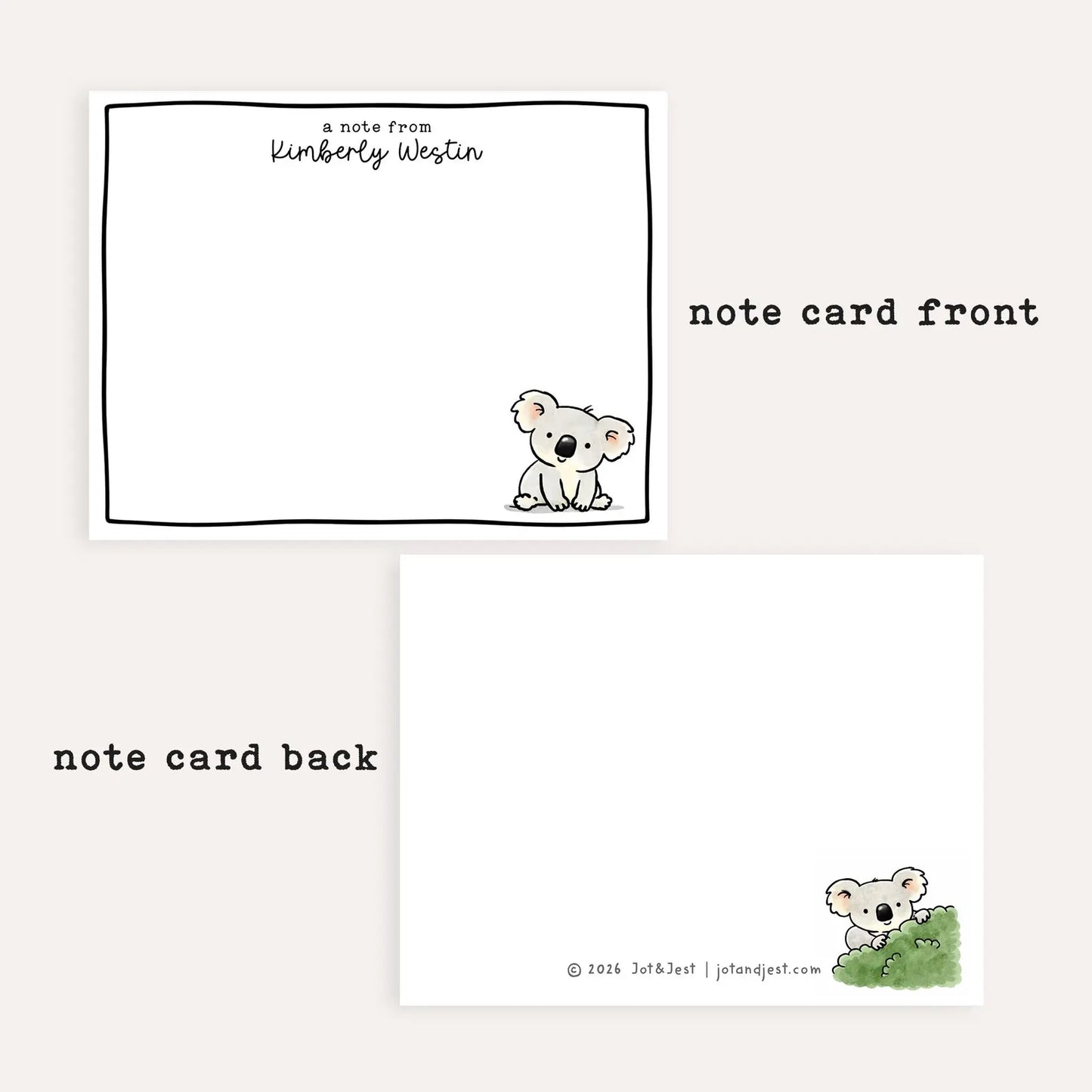 Personalized Koala Stationery Set • Custom Name Flat Notecards • Cute Koala Thank You Cards • Kids Stationery Gift • Set of 12