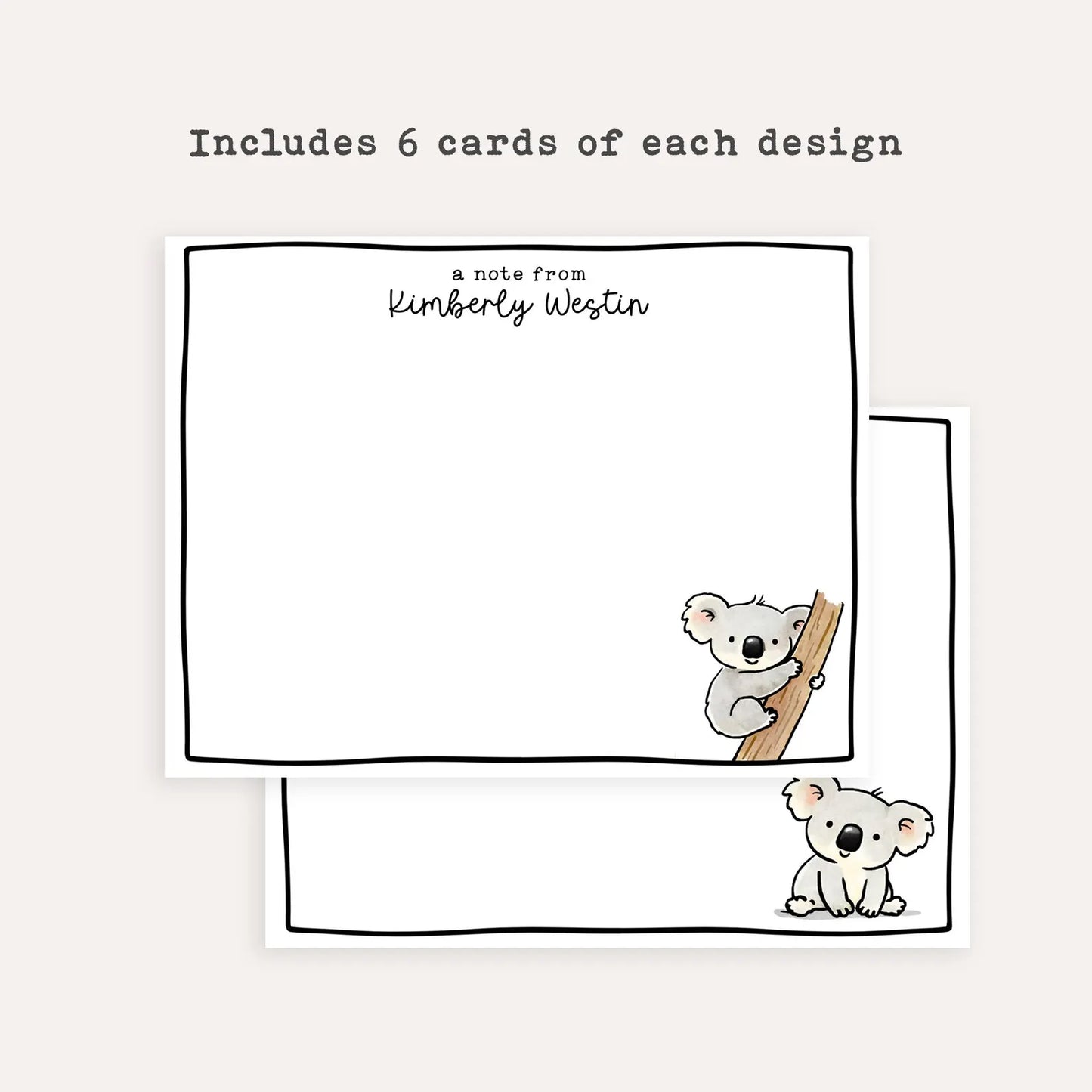 Personalized Koala Stationery Set • Custom Name Flat Notecards • Cute Koala Thank You Cards • Kids Stationery Gift • Set of 12