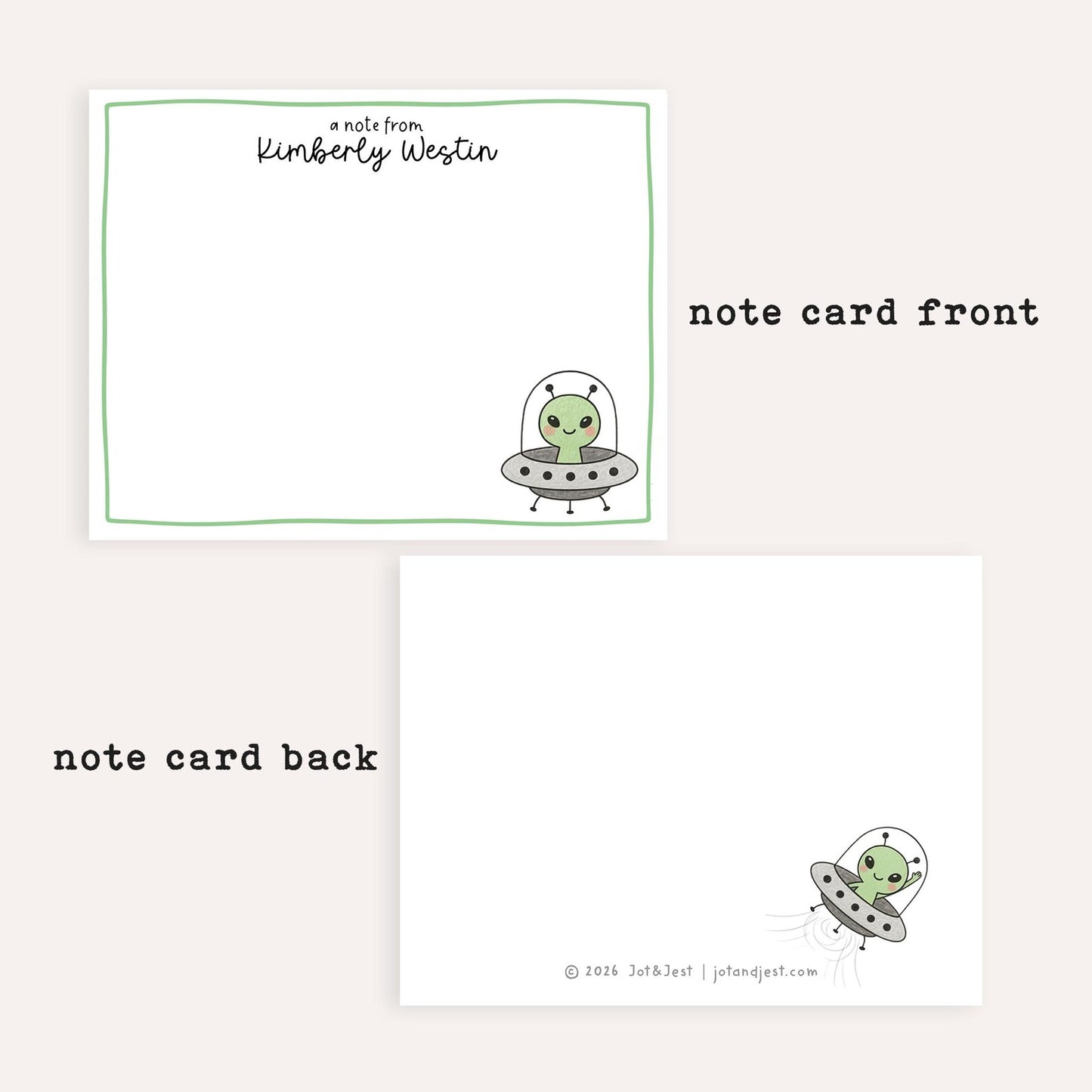 Personalized UFO Notecards • Cute Alien Stationery • Custom Name Space Note Cards • UFO Spaceship Thank You Card Set of 12