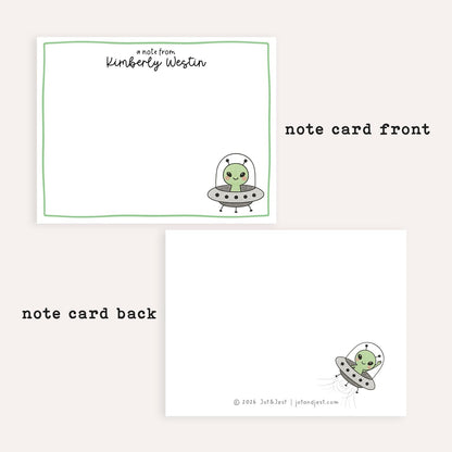 Personalized UFO Notecards • Cute Alien Stationery • Custom Name Space Note Cards • UFO Spaceship Thank You Card Set of 12