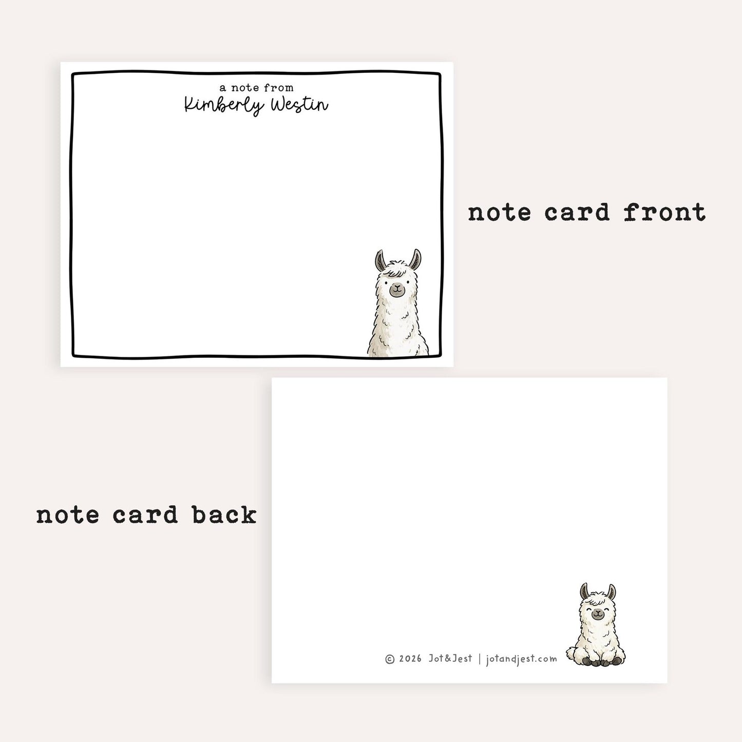 Personalized Llama Stationery • Cute Llama Notecard Set • Custom Name Note Cards • Thank You Cards • Llama Gift Set of 12