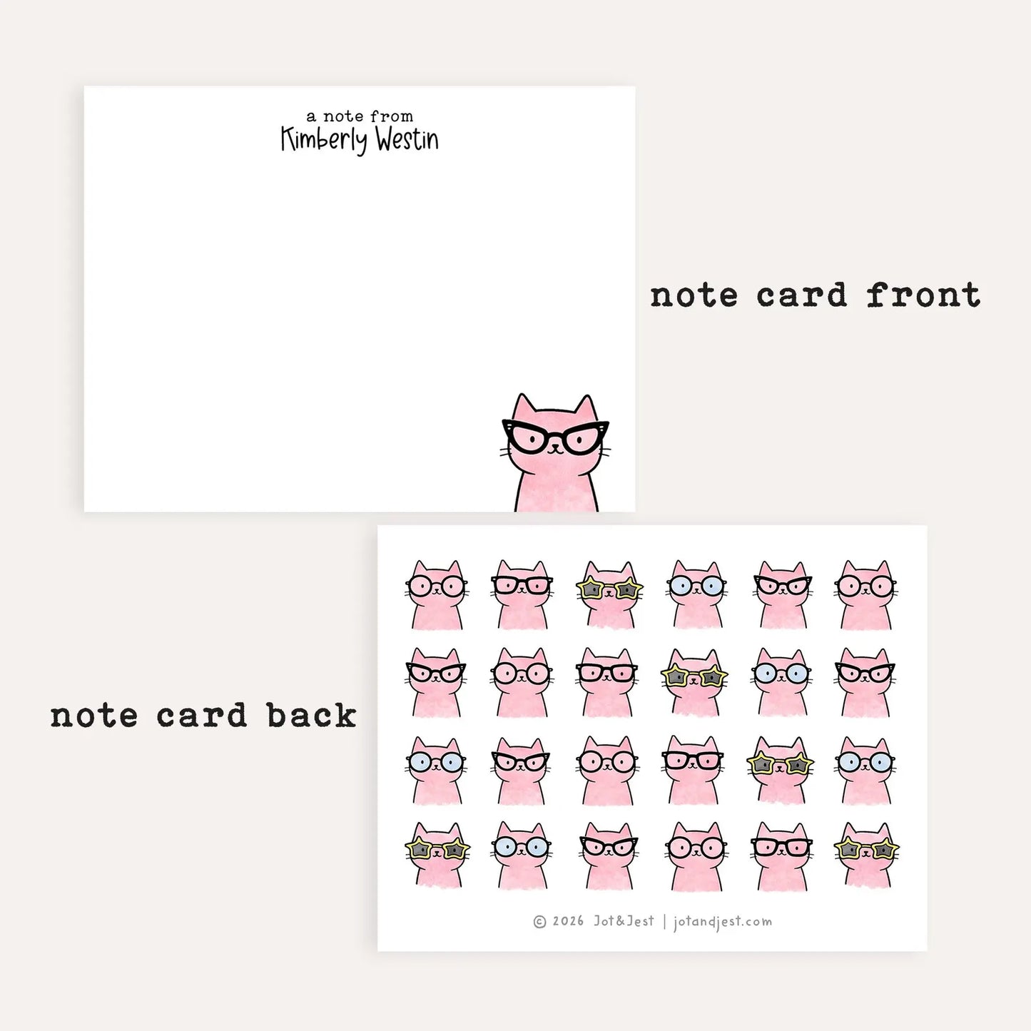 Personalized Pink Cat Stationery Set • Custom Name Flat Notecards • Cute Cat Thank You Cards • Cat Lover Gift • Set of 12