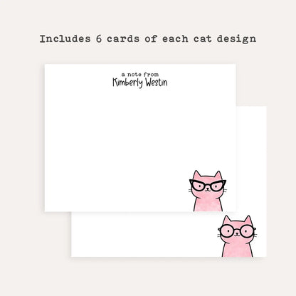 Personalized Pink Cat Stationery Set • Custom Name Flat Notecards • Cute Cat Thank You Cards • Cat Lover Gift • Set of 12