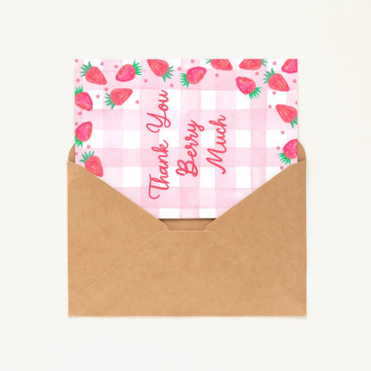 Thank You Berry Much Card • Cute Strawberry Thank You Card • Pink Strawberry Card • Summer Greeting Card • Gratitude Card